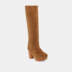 JENNY Chestnut Suede Knee-High Platform Wood Sole Boots / Dolce Vita