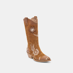 BRANDO Tan Suede Embroidered Pointed-Toe Western Boots / Dolce Vita
