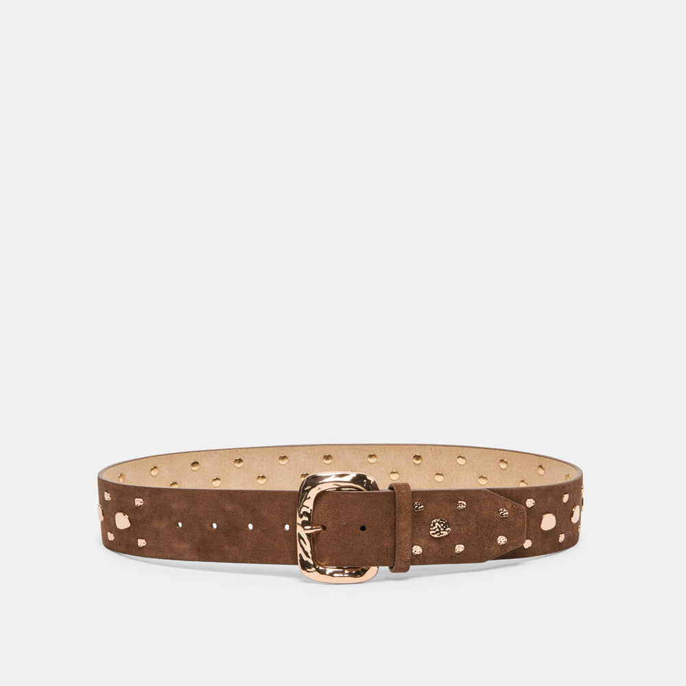 Rectangle Buckle Brown Suede Gold Studded Belt / Dolce Vita
