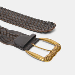 Western Espresso Woven Leather Belt with Silver Buckle / Dolce Vita