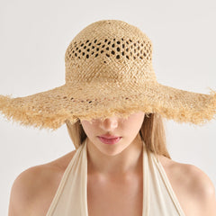 Open Weave Tan Sunhat with Frayed Edge / Dolce Vita