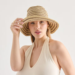 Striped Brown Natural Straw Cloche / Dolce Vita