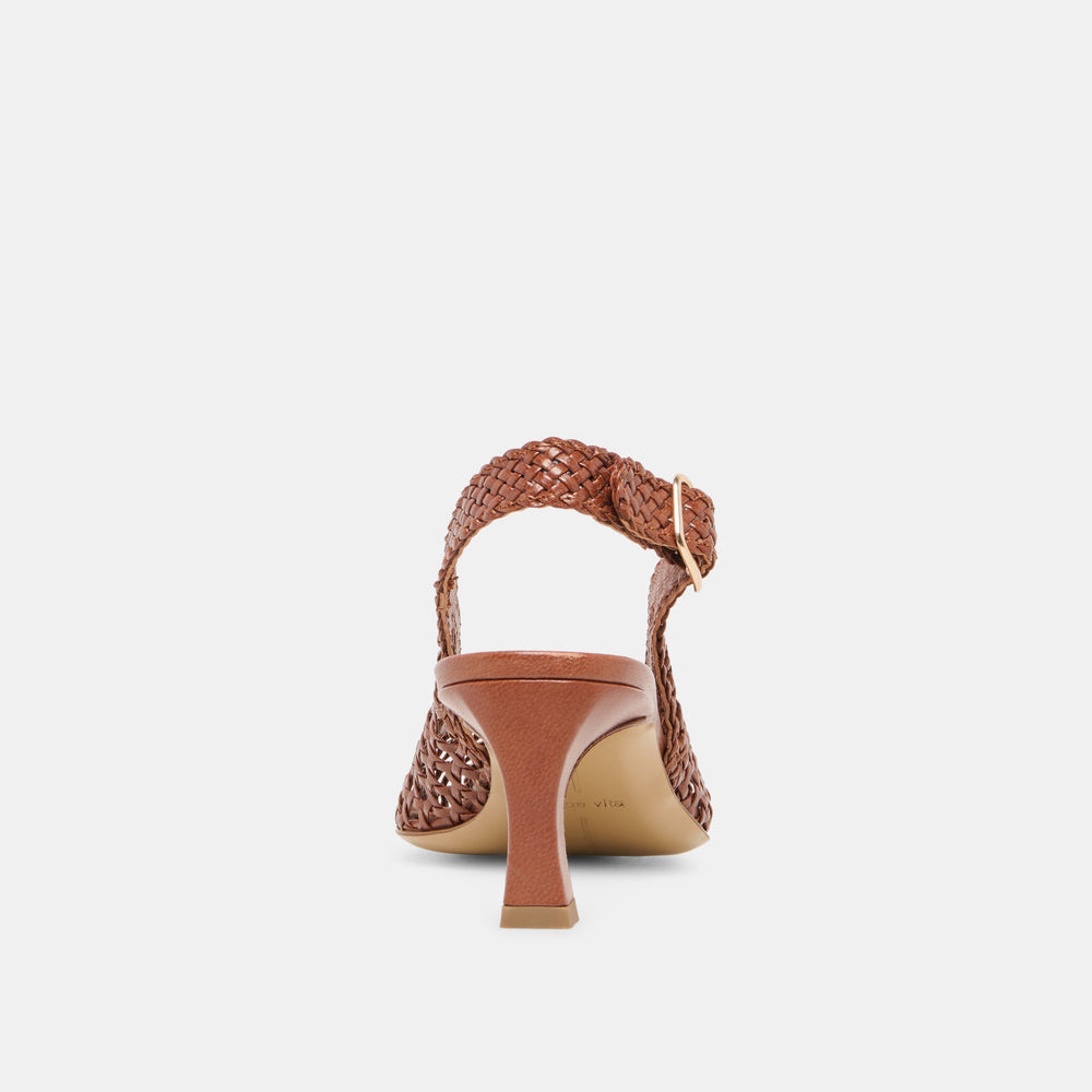 REMLA Tan Woven Leather Peep-Toe Kitten Heel / Dolce Vita