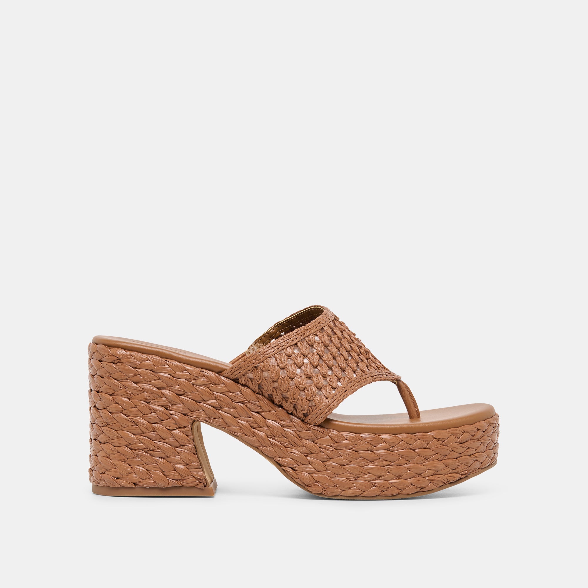 RIPPLE Mid Brown Raffia Platform Thong Block Heel / Dolce Vita