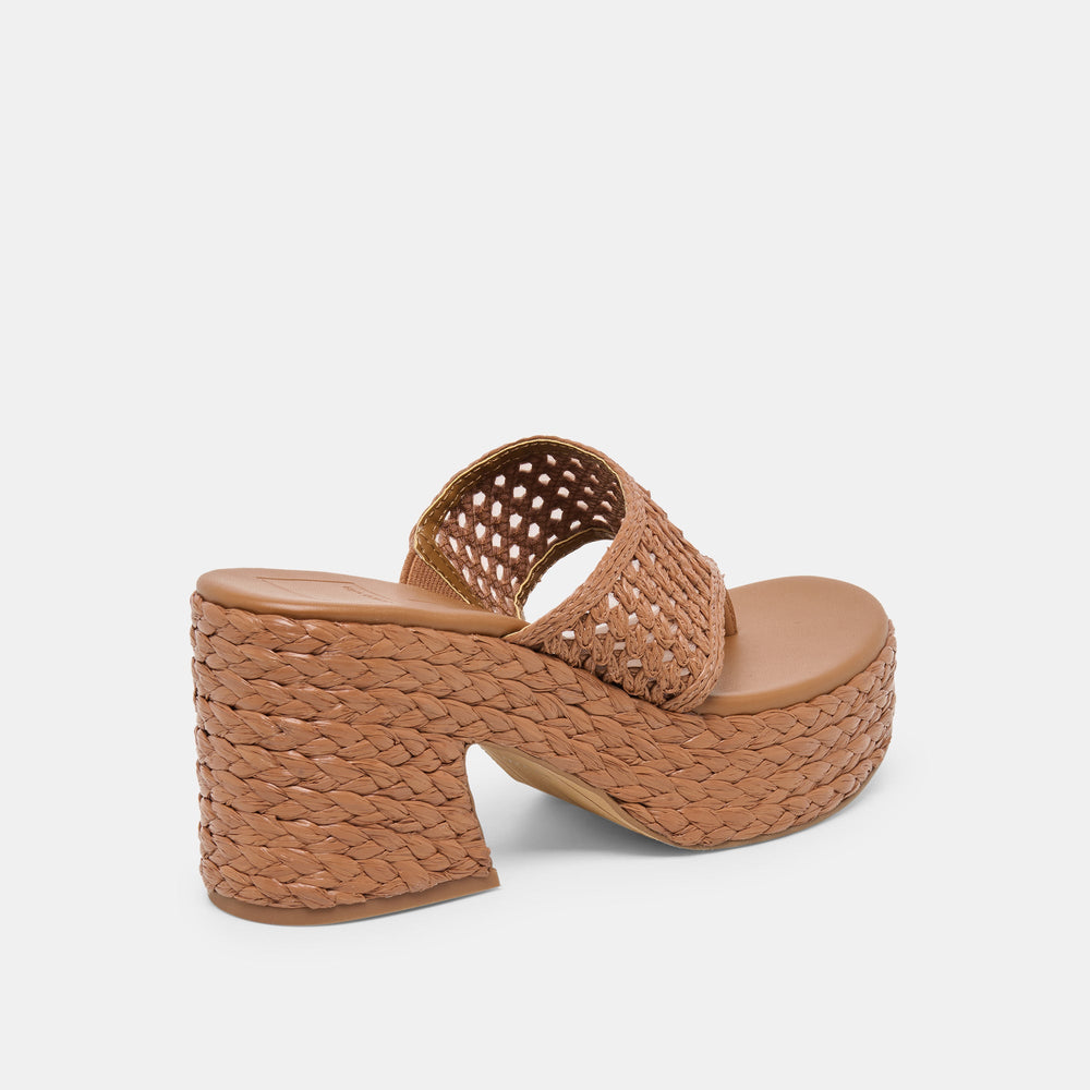 RIPPLE Mid Brown Raffia Platform Thong Block Heel / Dolce Vita