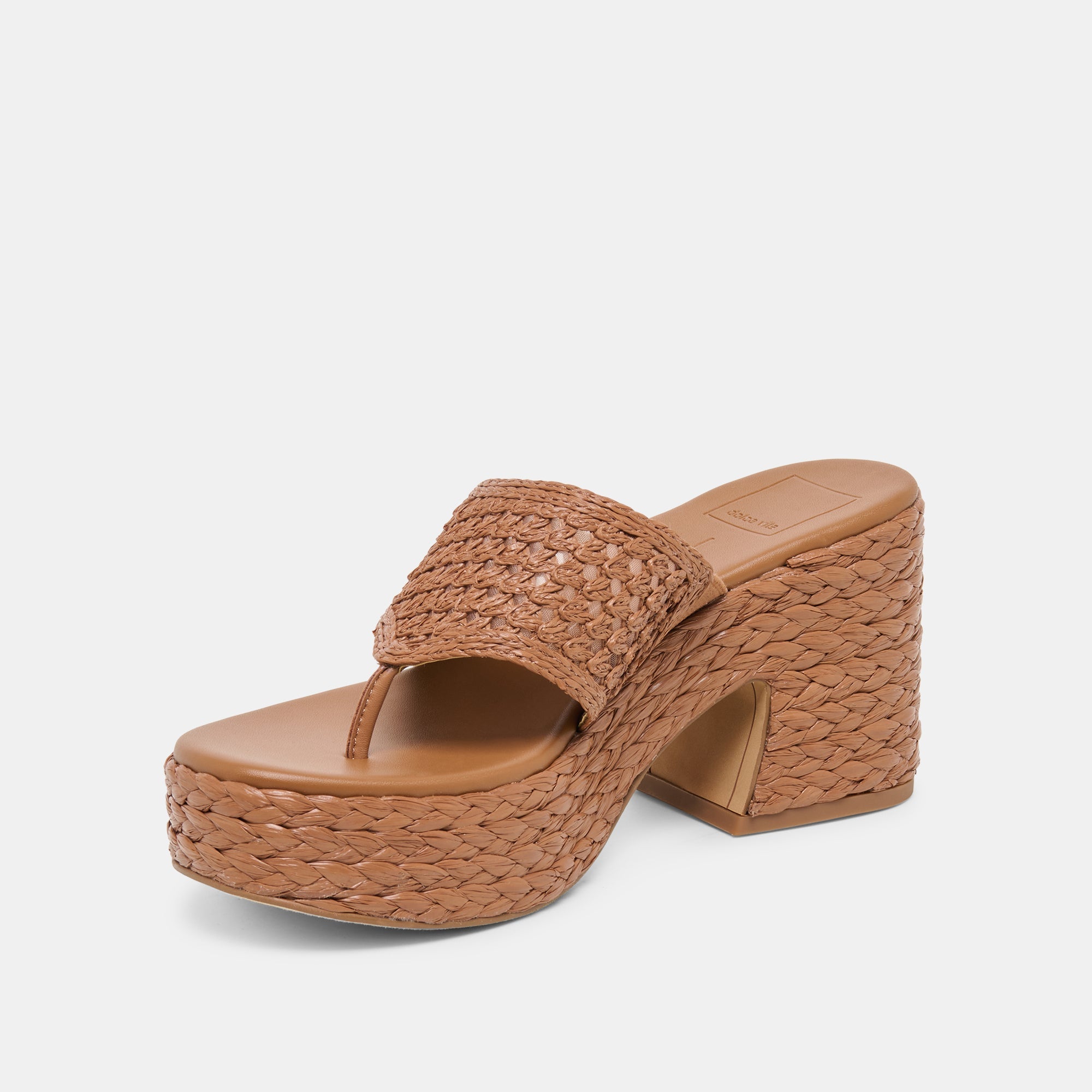 RIPPLE Mid Brown Raffia Platform Thong Block Heel / Dolce Vita