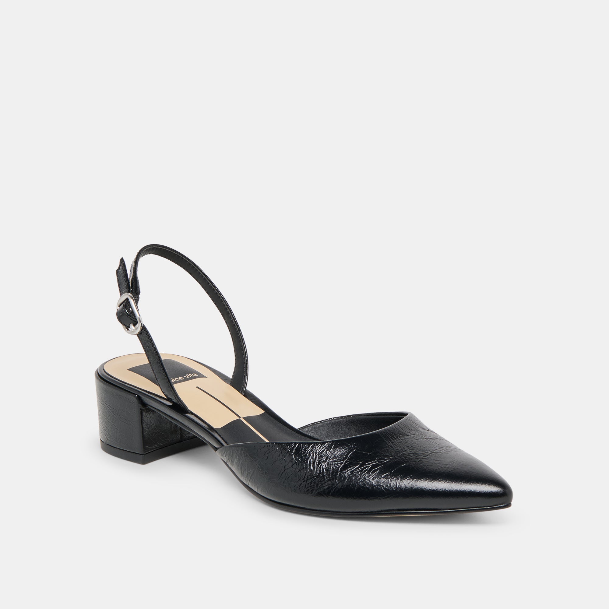 Carel Wide Midnight Crinkle Patent Leather Heels / Dolce Vita