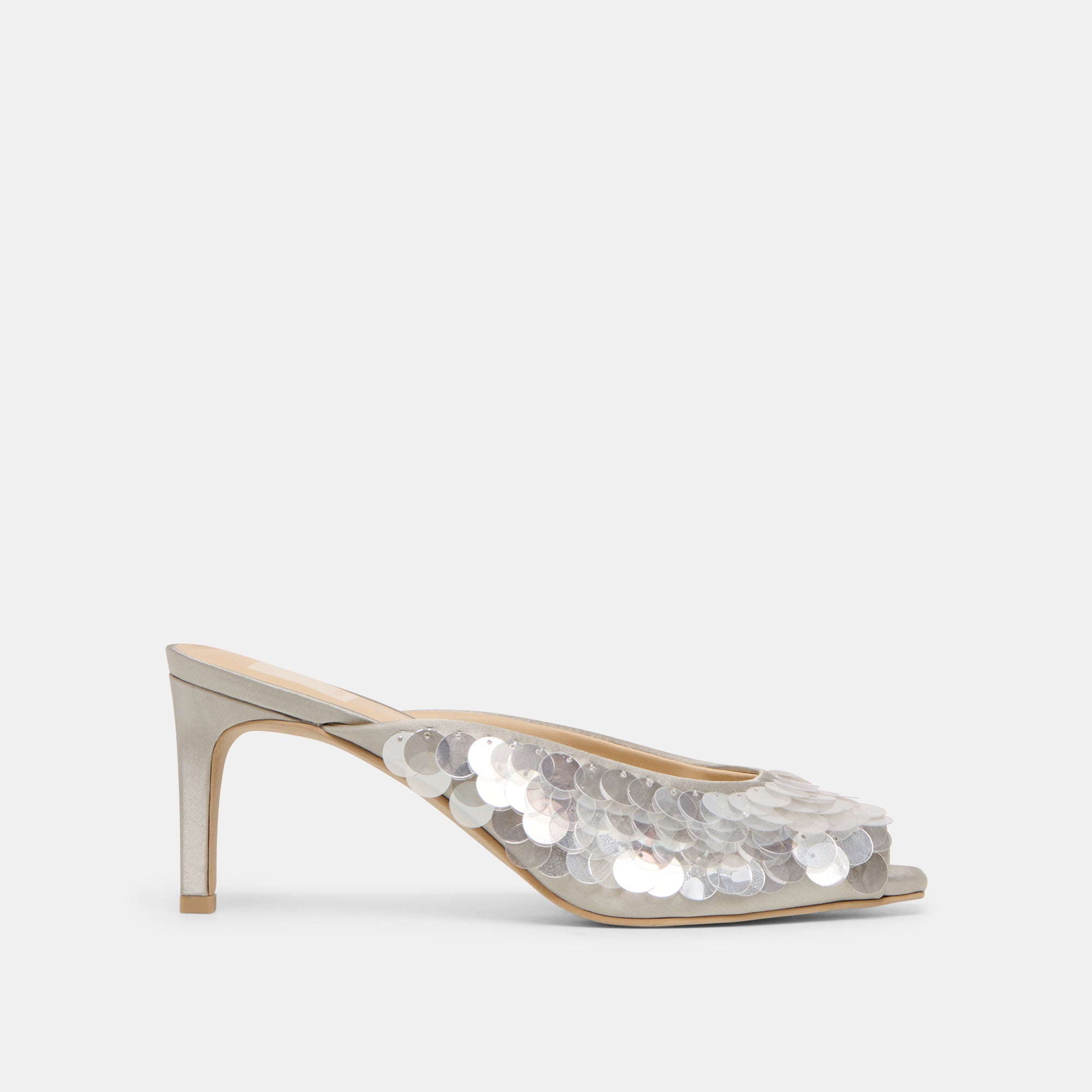 Samary Confetti Silver Satin Heels / Dolce Vita