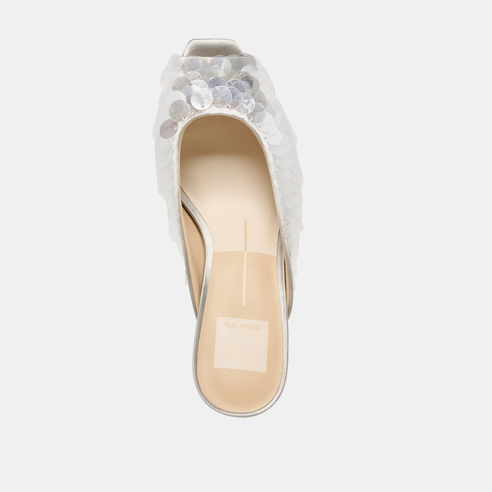 Samary Confetti Silver Satin Heels / Dolce Vita