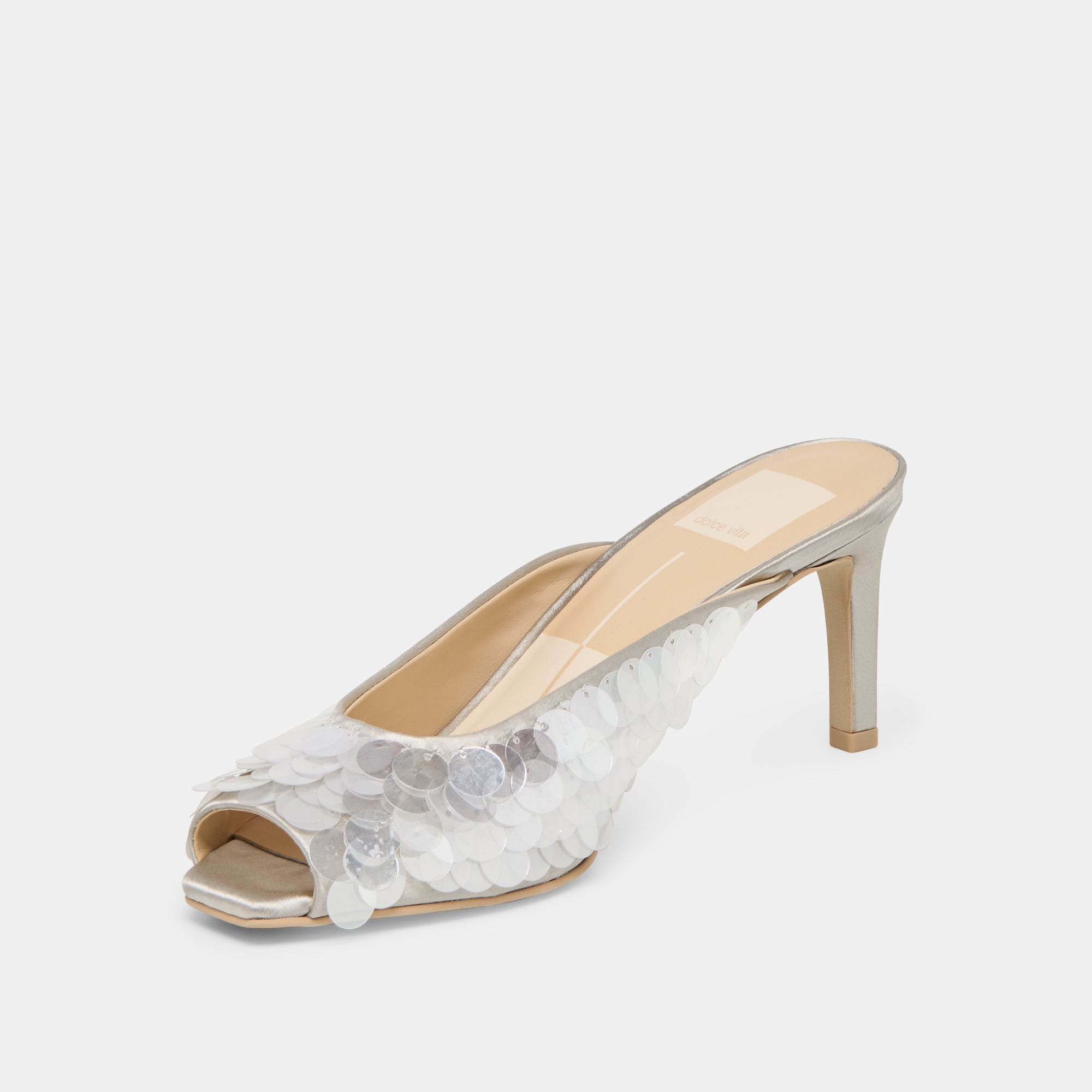 Samary Confetti Silver Satin Heels / Dolce Vita
