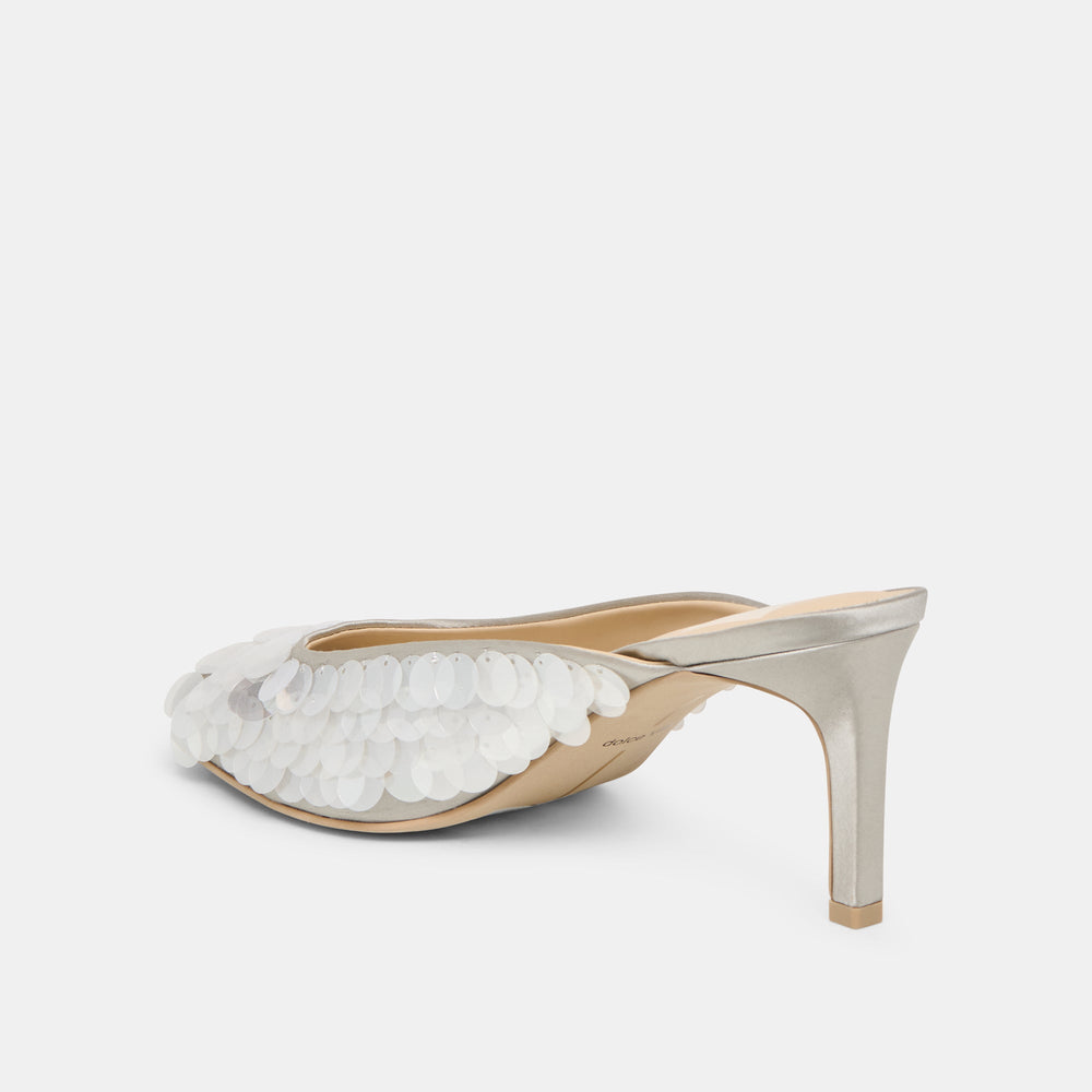 Samary Confetti Silver Satin Heels / Dolce Vita