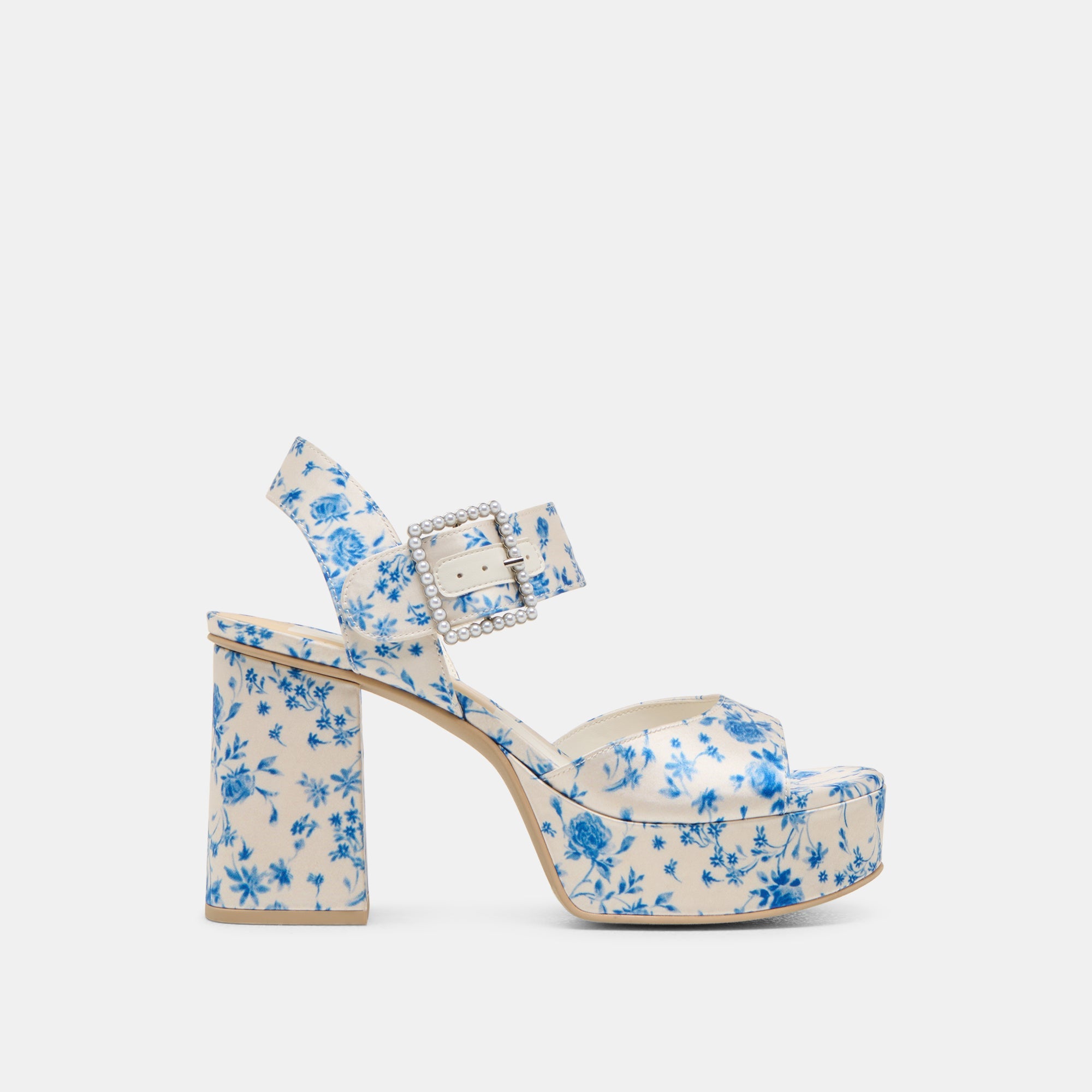 Bobby Pearl Blue Floral Satin Heels / Dolce Vita