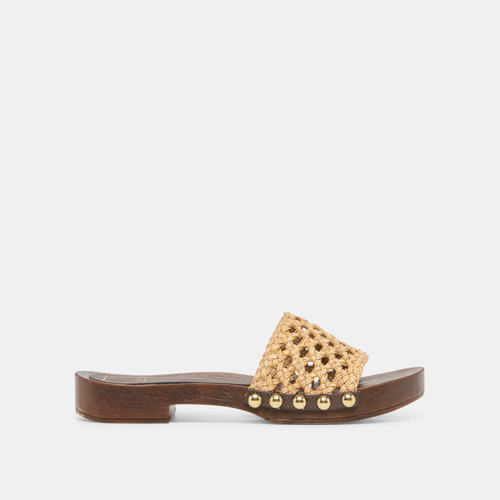 SADIE Tan Raffia Wood Sole Open-Toe Sandals / Dolce Vita