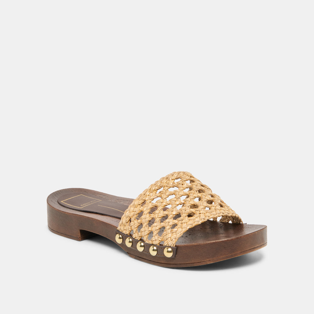 SADIE Tan Raffia Wood Sole Open-Toe Sandals / Dolce Vita