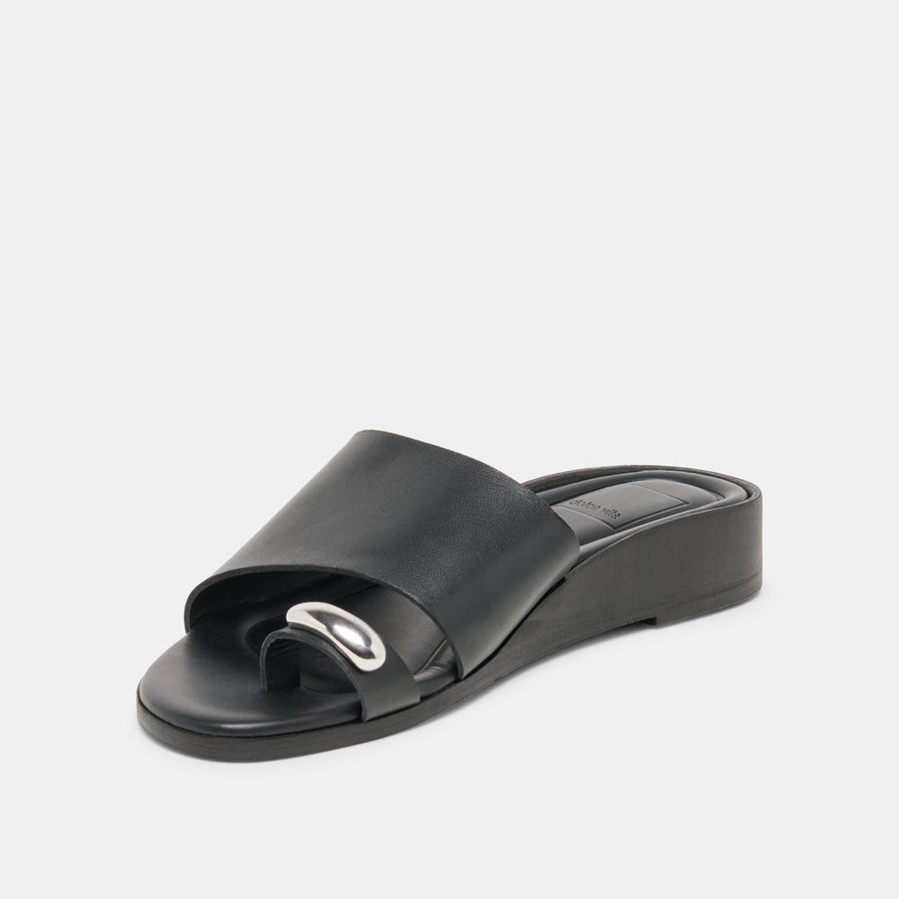 MOXY Black Leather Metal Detail Open-Toe Sandals / Dolce Vita