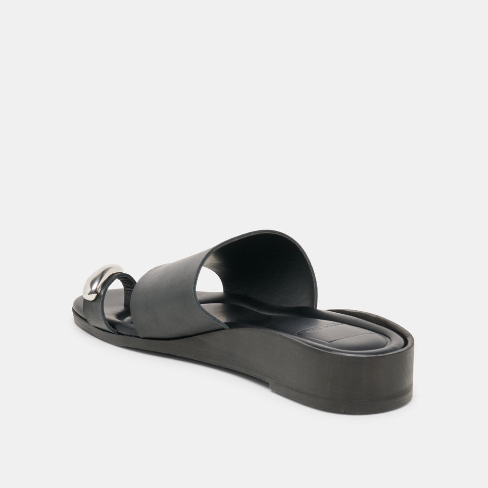 MOXY Black Leather Metal Detail Open-Toe Sandals / Dolce Vita