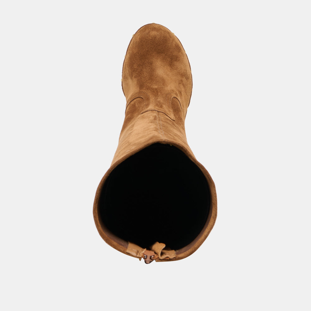 JENNY Chestnut Suede Knee-High Platform Wood Sole Boots / Dolce Vita
