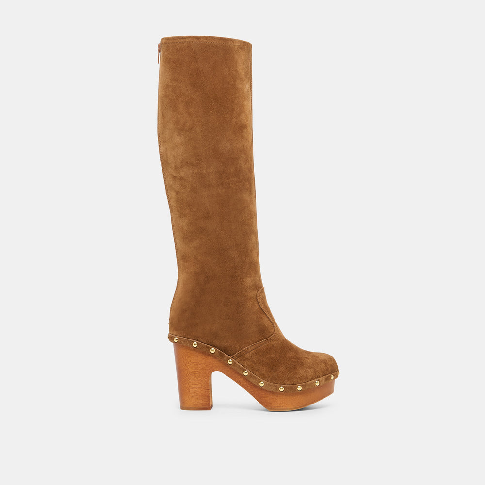 JENNY Chestnut Suede Knee-High Platform Wood Sole Boots / Dolce Vita