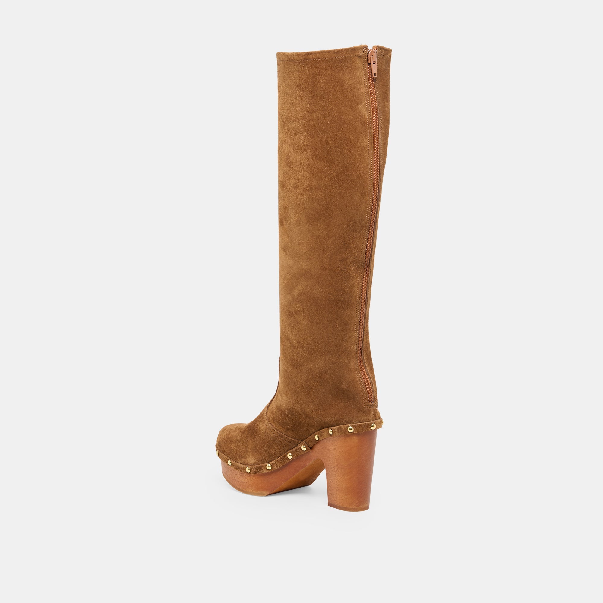 JENNY Chestnut Suede Knee-High Platform Wood Sole Boots / Dolce Vita