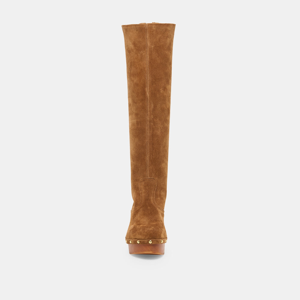 JENNY Chestnut Suede Knee-High Platform Wood Sole Boots / Dolce Vita