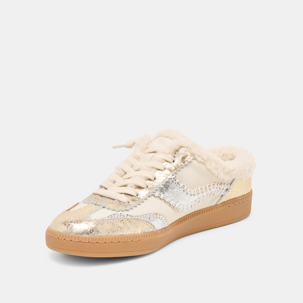 Notice Slide Plush Silver Gold Crackled Leather Sneakers / Dolce Vita