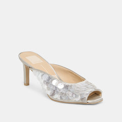 Samary Confetti Silver Satin Heels / Dolce Vita
