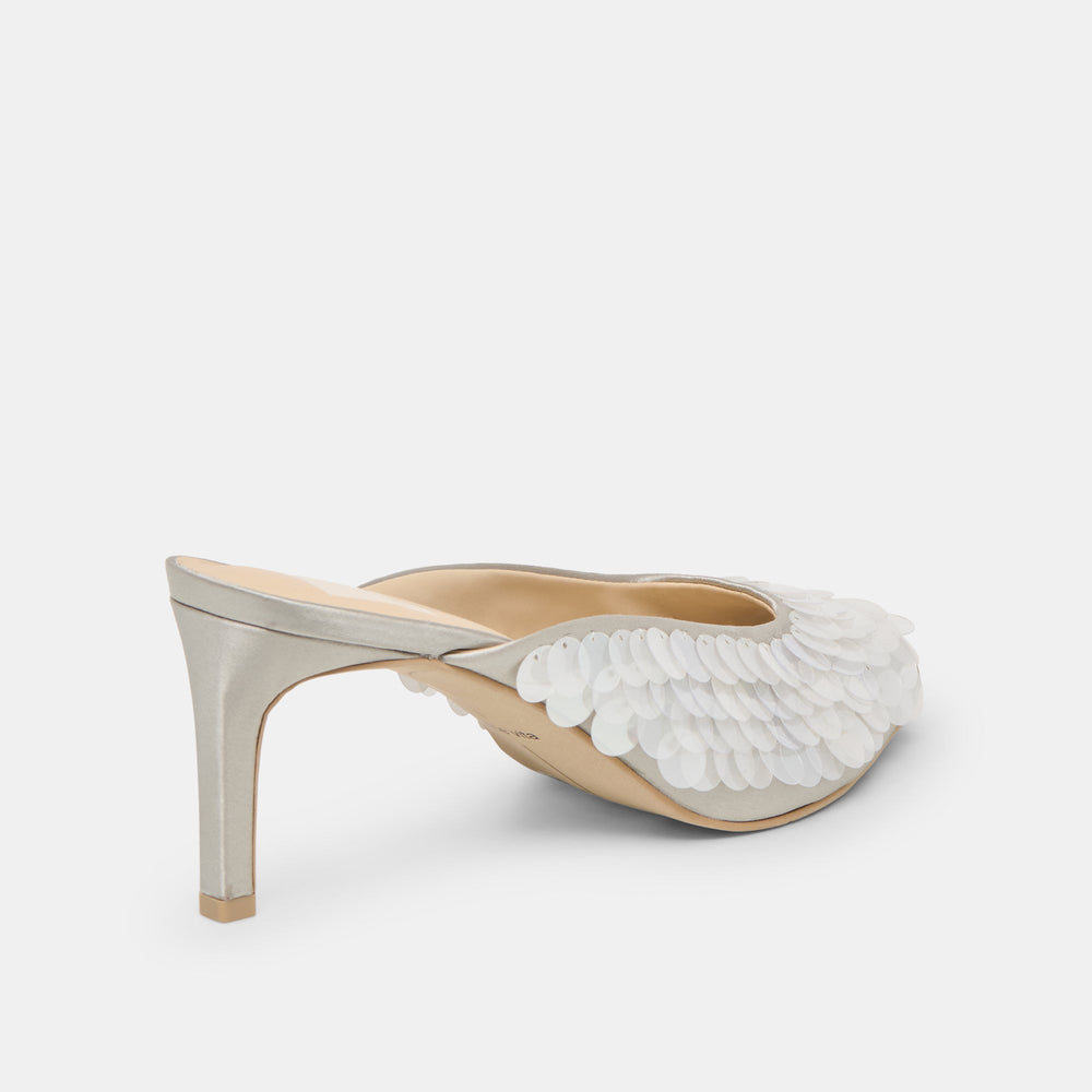 Samary Confetti Silver Satin Heels / Dolce Vita