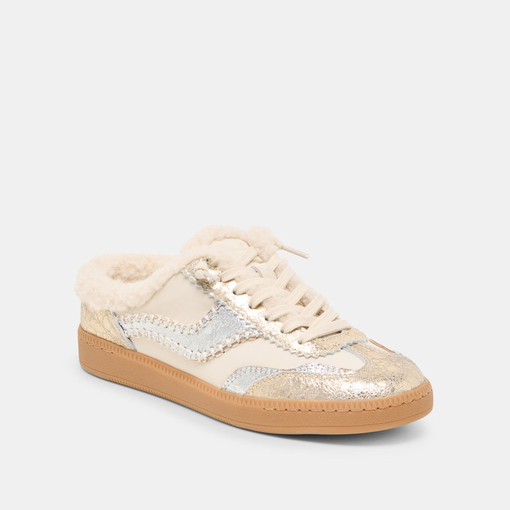 Notice Slide Plush Silver Gold Crackled Leather Sneakers / Dolce Vita