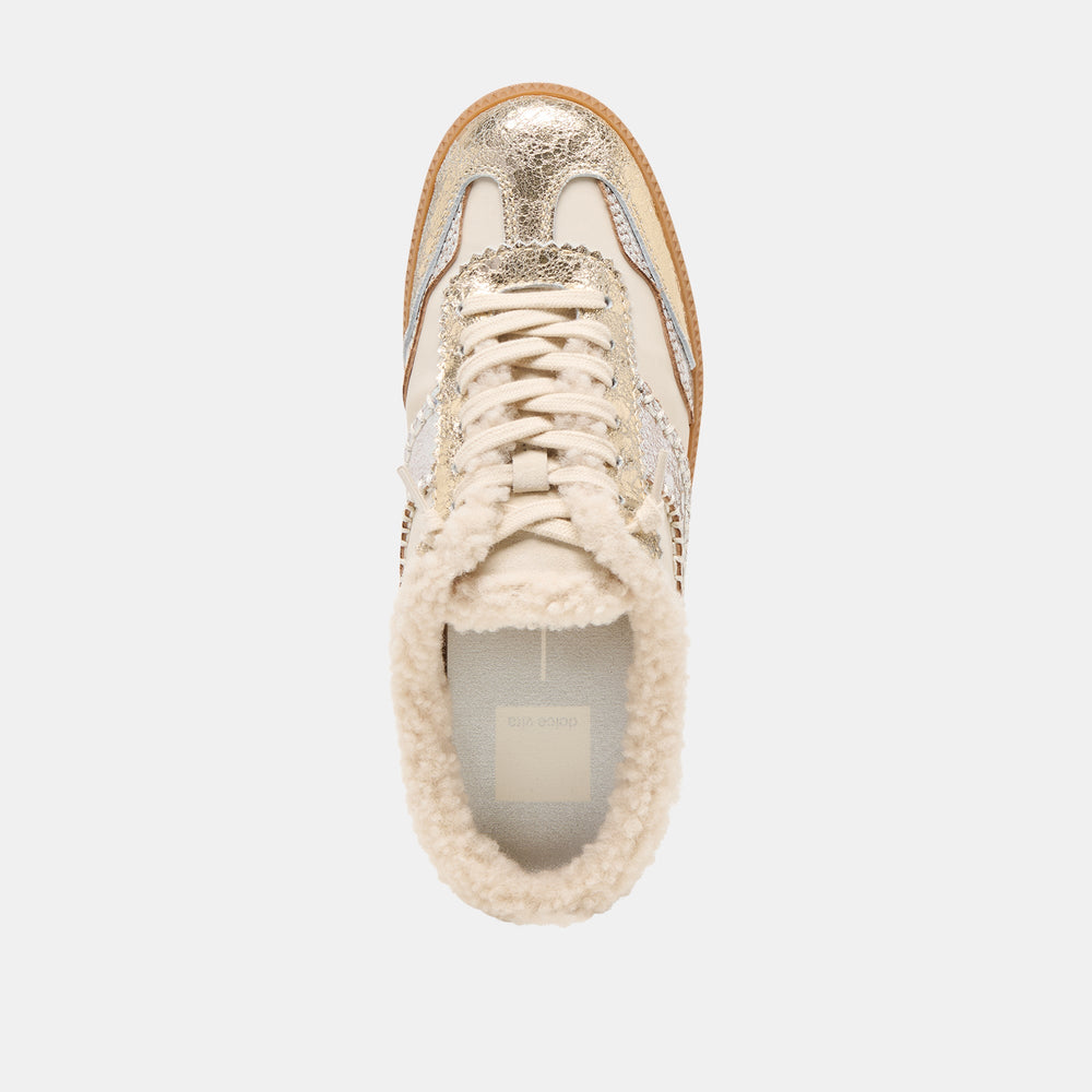 Notice Slide Plush Silver Gold Crackled Leather Sneakers / Dolce Vita