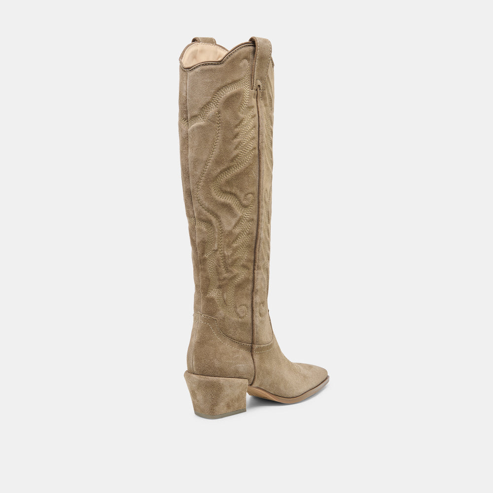 LUNI Taupe Suede Knee-High Pointed Toe Western Boots / Dolce Vita
