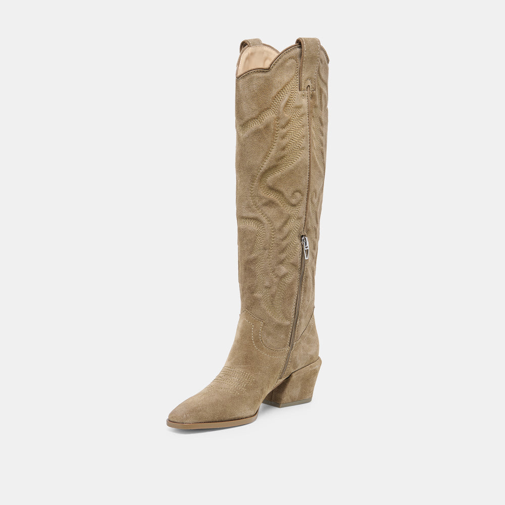 LUNI Taupe Suede Knee-High Pointed Toe Western Boots / Dolce Vita