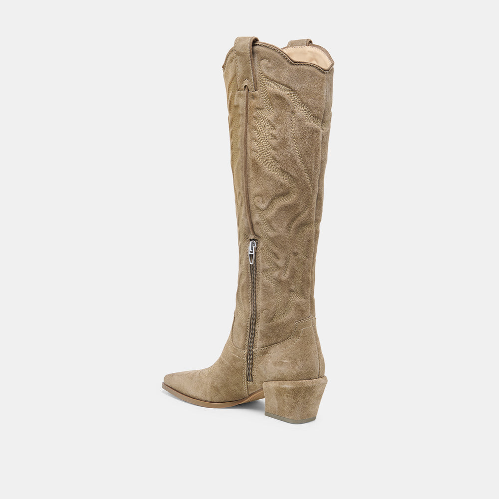 LUNI Taupe Suede Knee-High Pointed Toe Western Boots / Dolce Vita