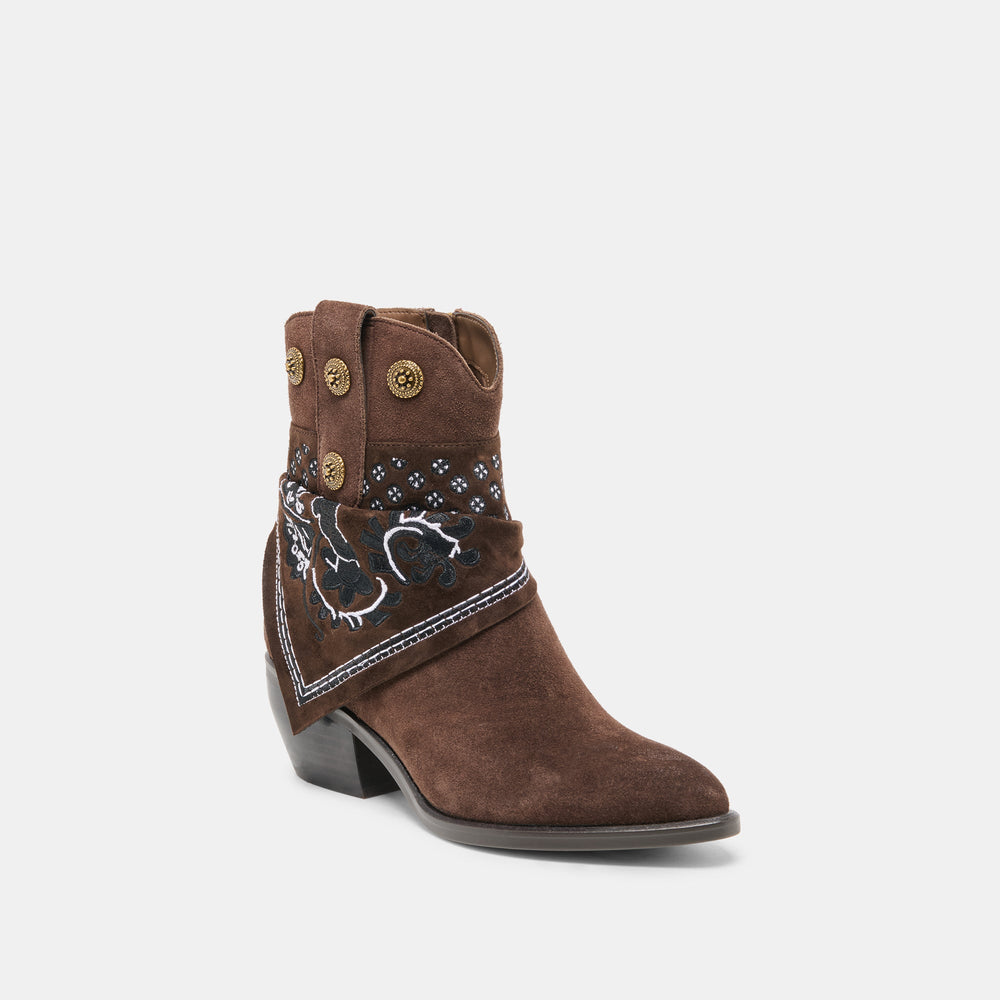 MEKALA Dk Brown Suede Pointed-Toe Ankle Western Boots / Dolce Vita