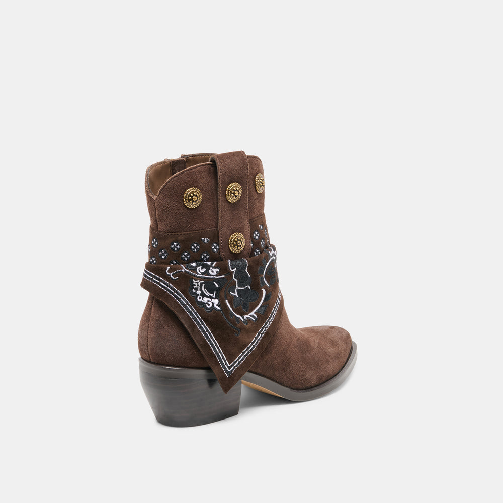 MEKALA Dk Brown Suede Pointed-Toe Ankle Western Boots / Dolce Vita