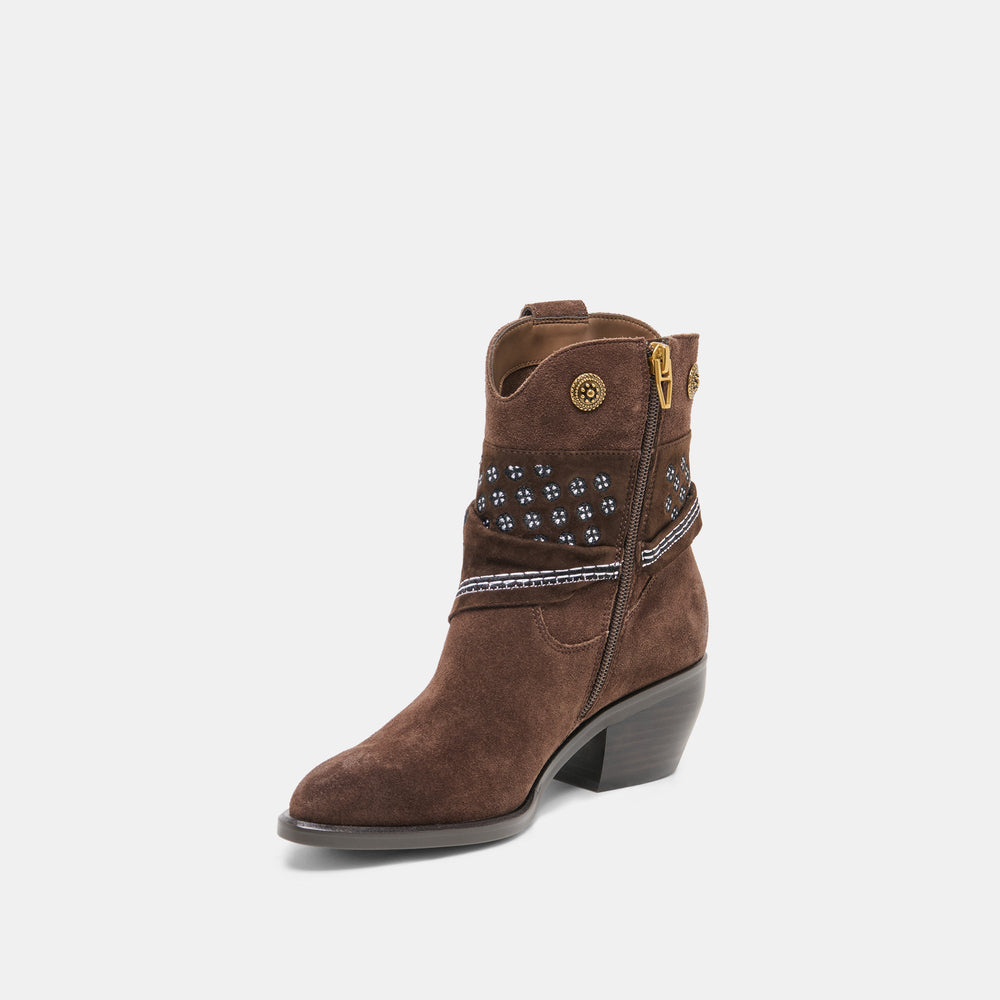 MEKALA Dk Brown Suede Pointed-Toe Ankle Western Boots / Dolce Vita