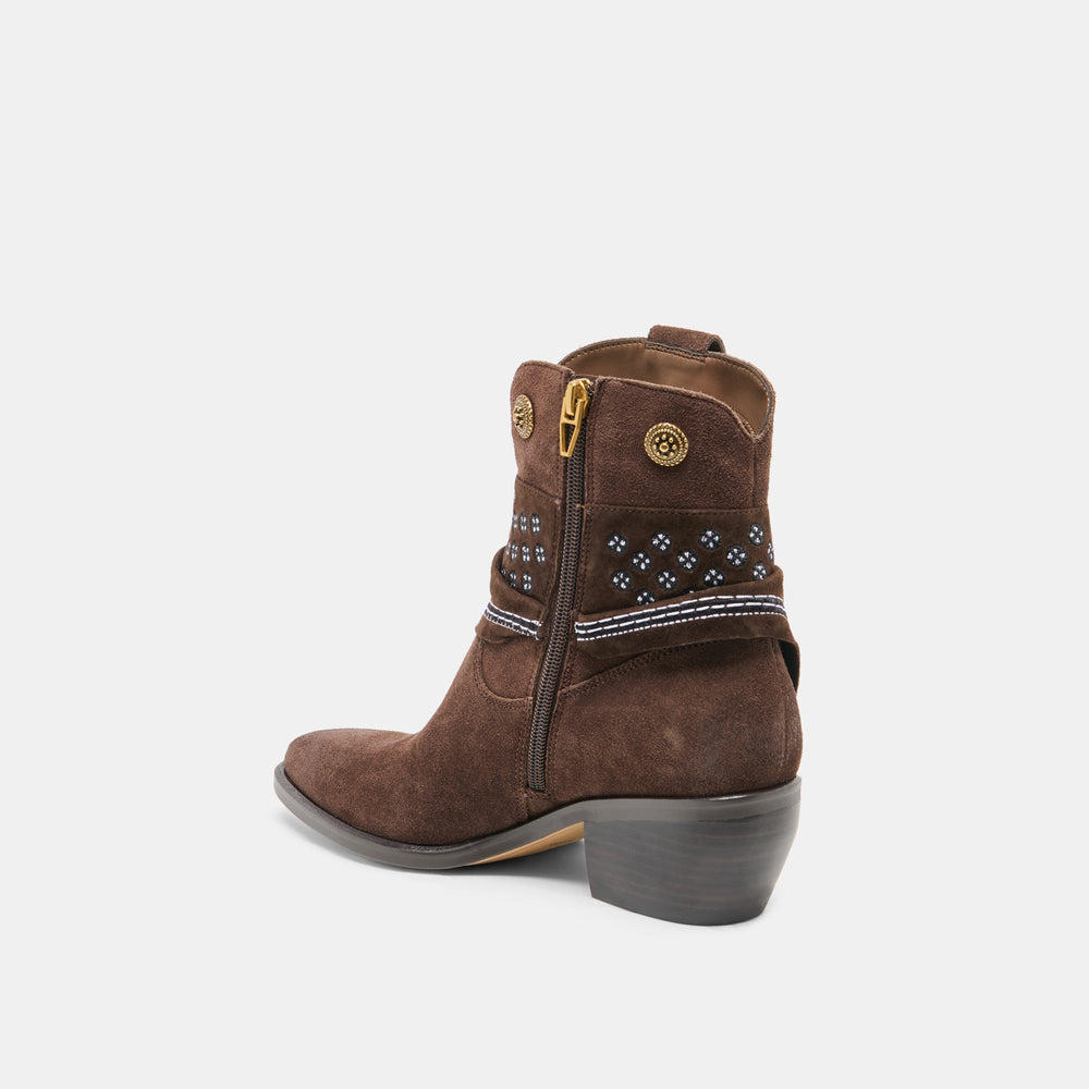 MEKALA Dk Brown Suede Pointed-Toe Ankle Western Boots / Dolce Vita