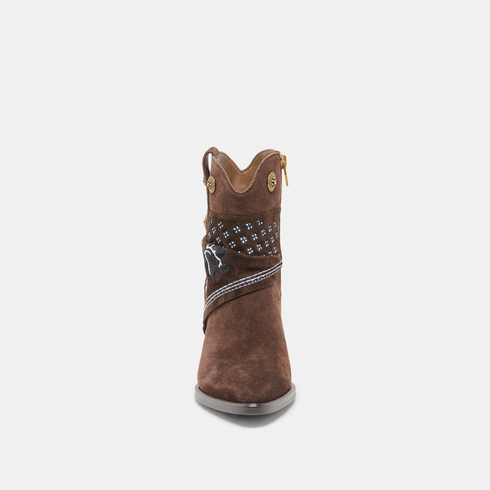 MEKALA Dk Brown Suede Pointed-Toe Ankle Western Boots / Dolce Vita
