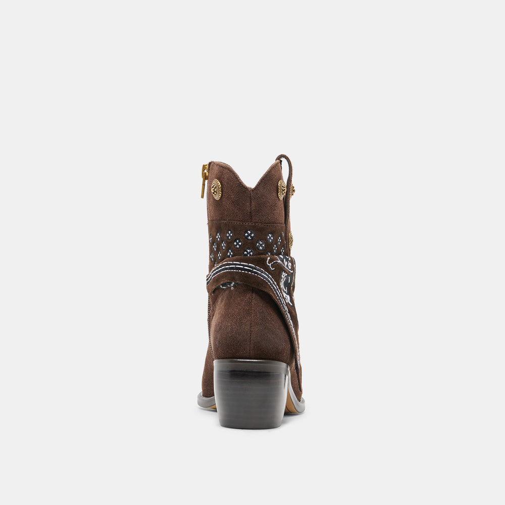 MEKALA Dk Brown Suede Pointed-Toe Ankle Western Boots / Dolce Vita