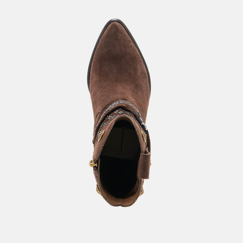MEKALA Dk Brown Suede Pointed-Toe Ankle Western Boots / Dolce Vita