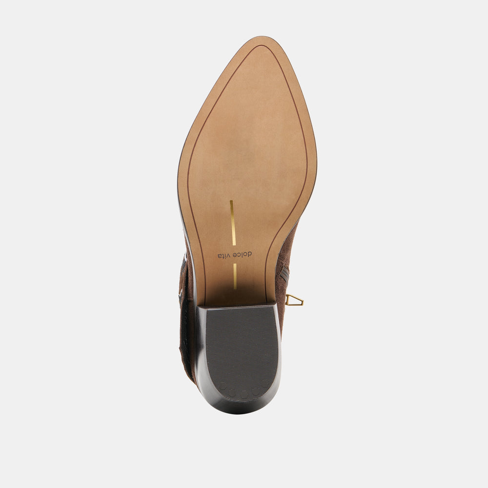 MEKALA Dk Brown Suede Pointed-Toe Ankle Western Boots / Dolce Vita