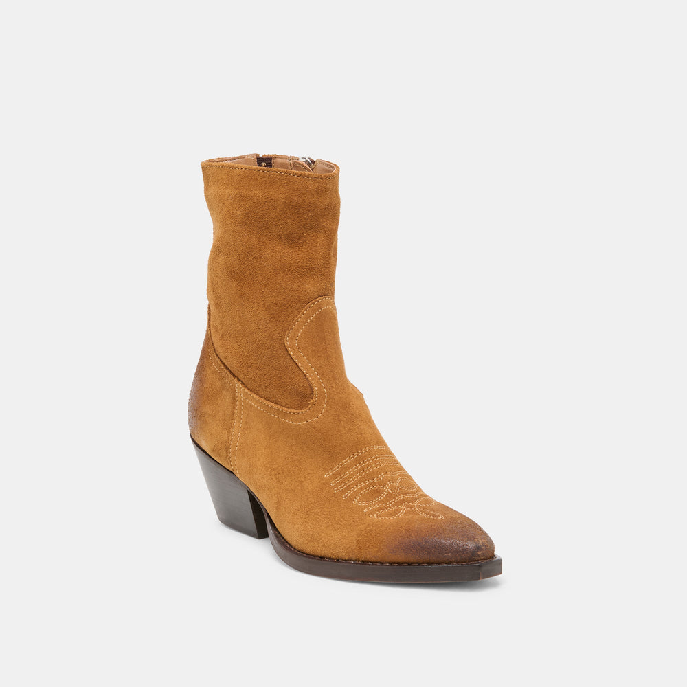 KLYDE Cognac Suede Block Heel Ankle Boots / Dolce Vita