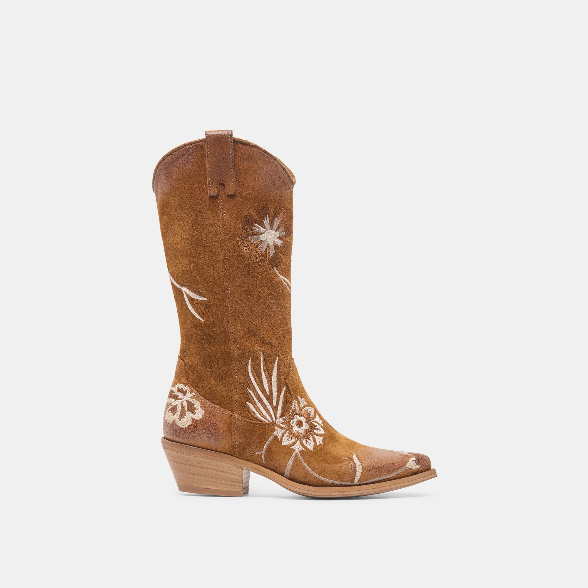 BRANDO Tan Suede Embroidered Pointed-Toe Western Boots / Dolce Vita