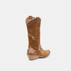 BRANDO Tan Suede Embroidered Pointed-Toe Western Boots / Dolce Vita