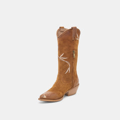 BRANDO Tan Suede Embroidered Pointed-Toe Western Boots / Dolce Vita