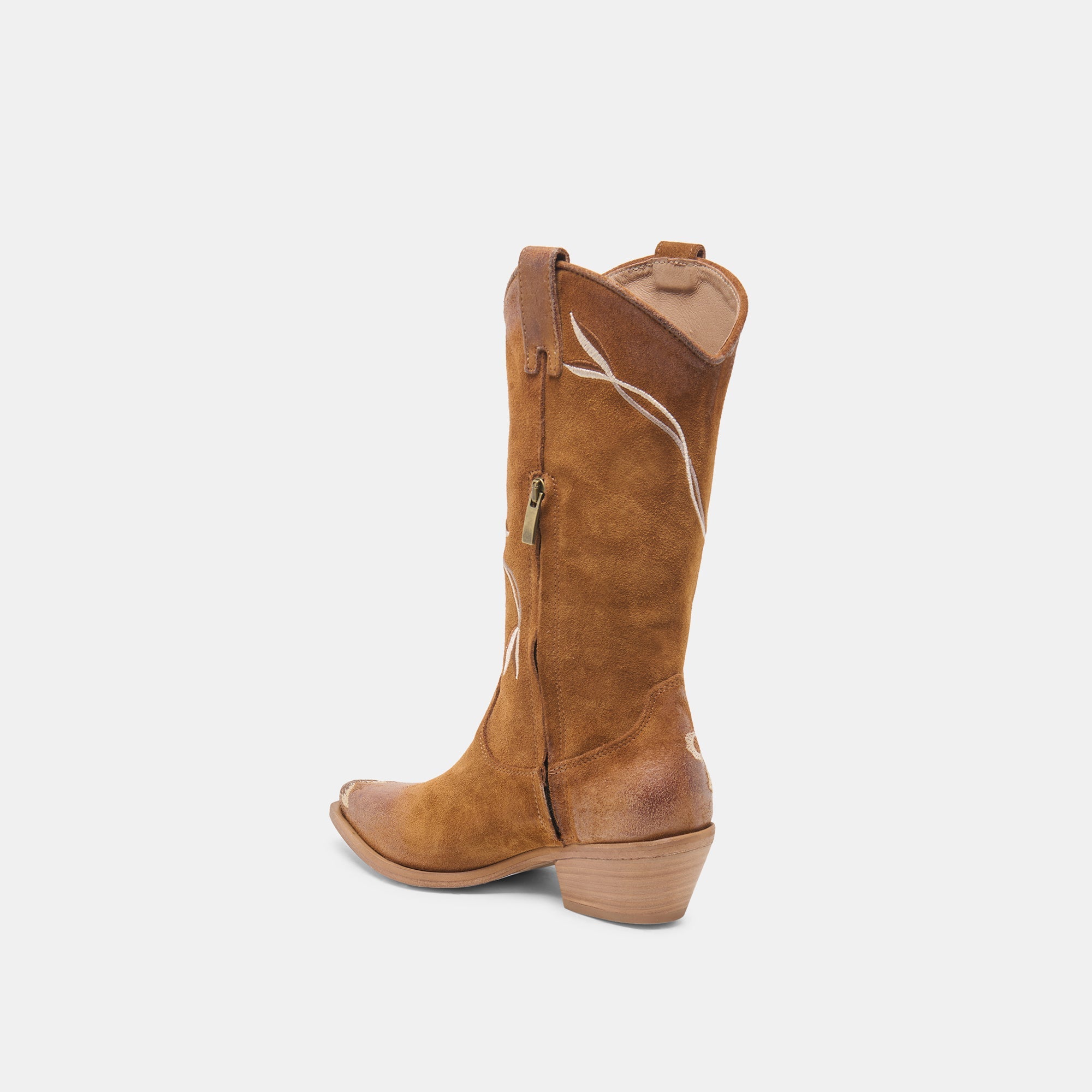 BRANDO Tan Suede Embroidered Pointed-Toe Western Boots / Dolce Vita