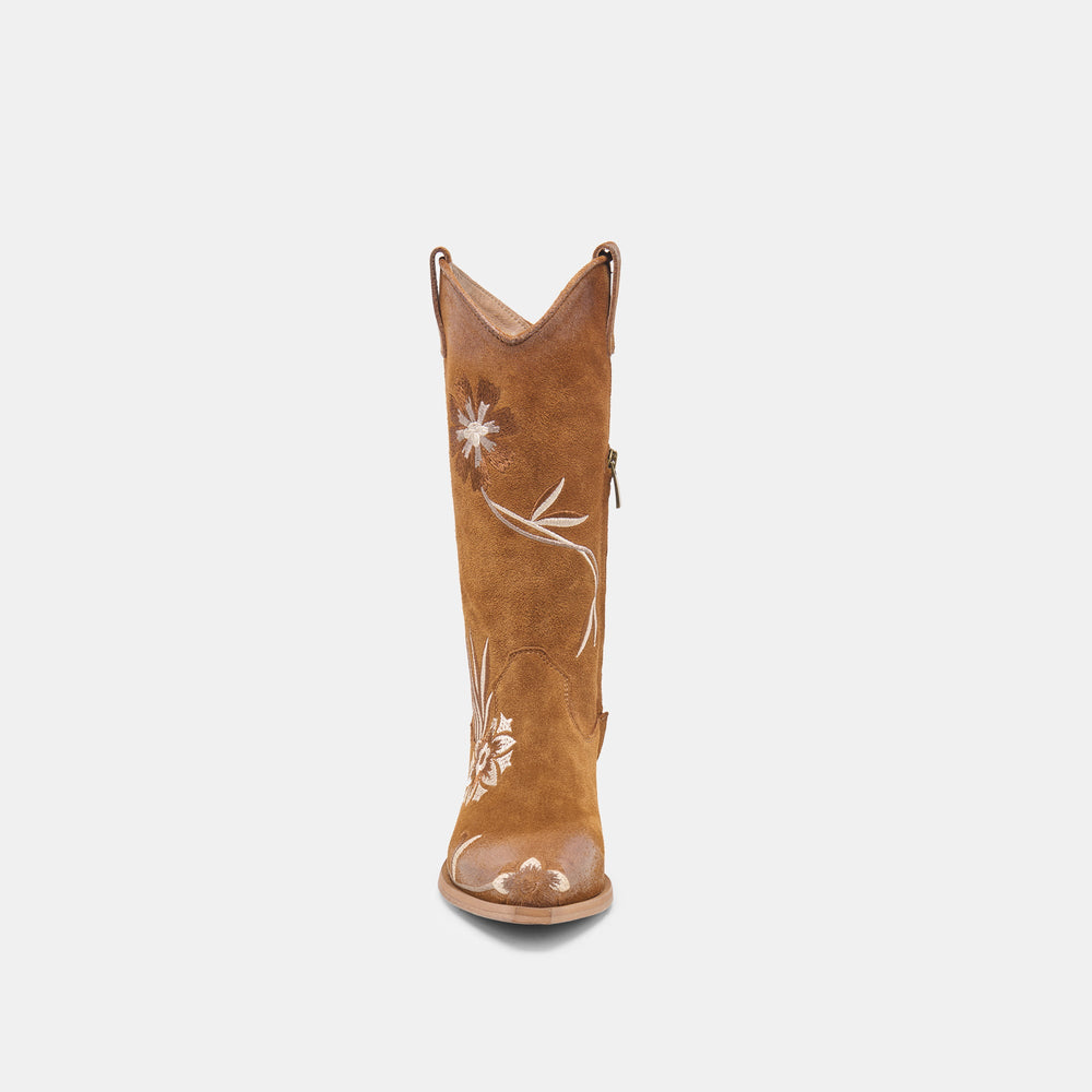 BRANDO Tan Suede Embroidered Pointed-Toe Western Boots / Dolce Vita