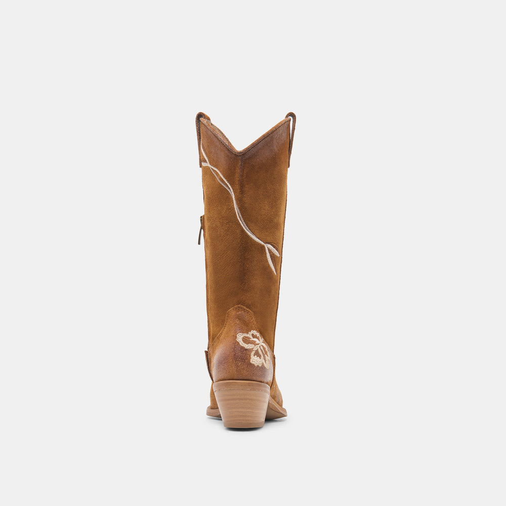 BRANDO Tan Suede Embroidered Pointed-Toe Western Boots / Dolce Vita