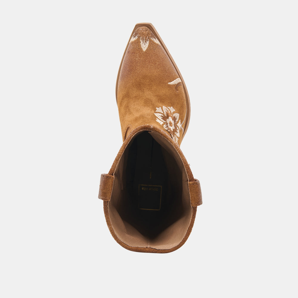 BRANDO Tan Suede Embroidered Pointed-Toe Western Boots / Dolce Vita