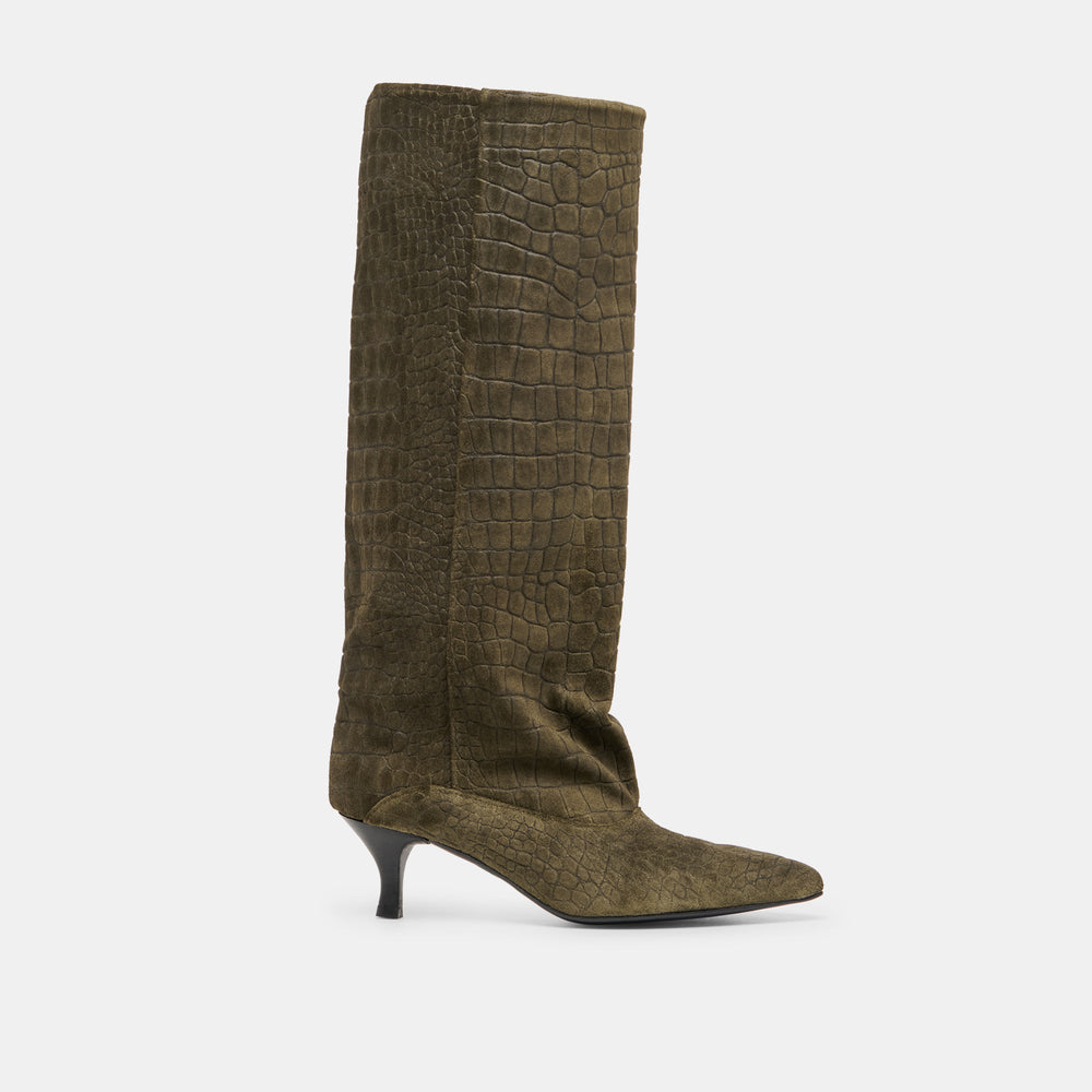 Roxla Olive Croco Embossed Leather Boots / Dolce Vita