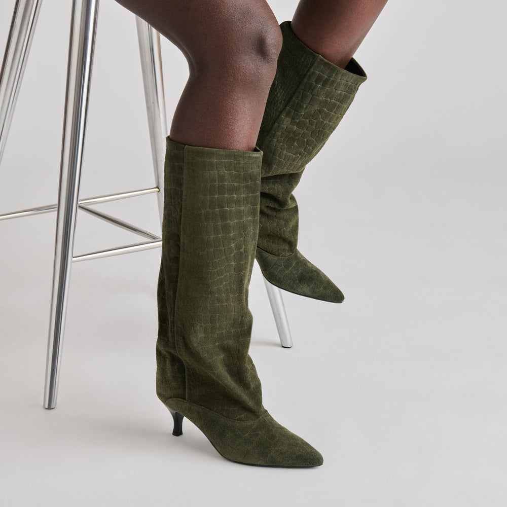 Roxla Olive Croco Embossed Leather Boots / Dolce Vita